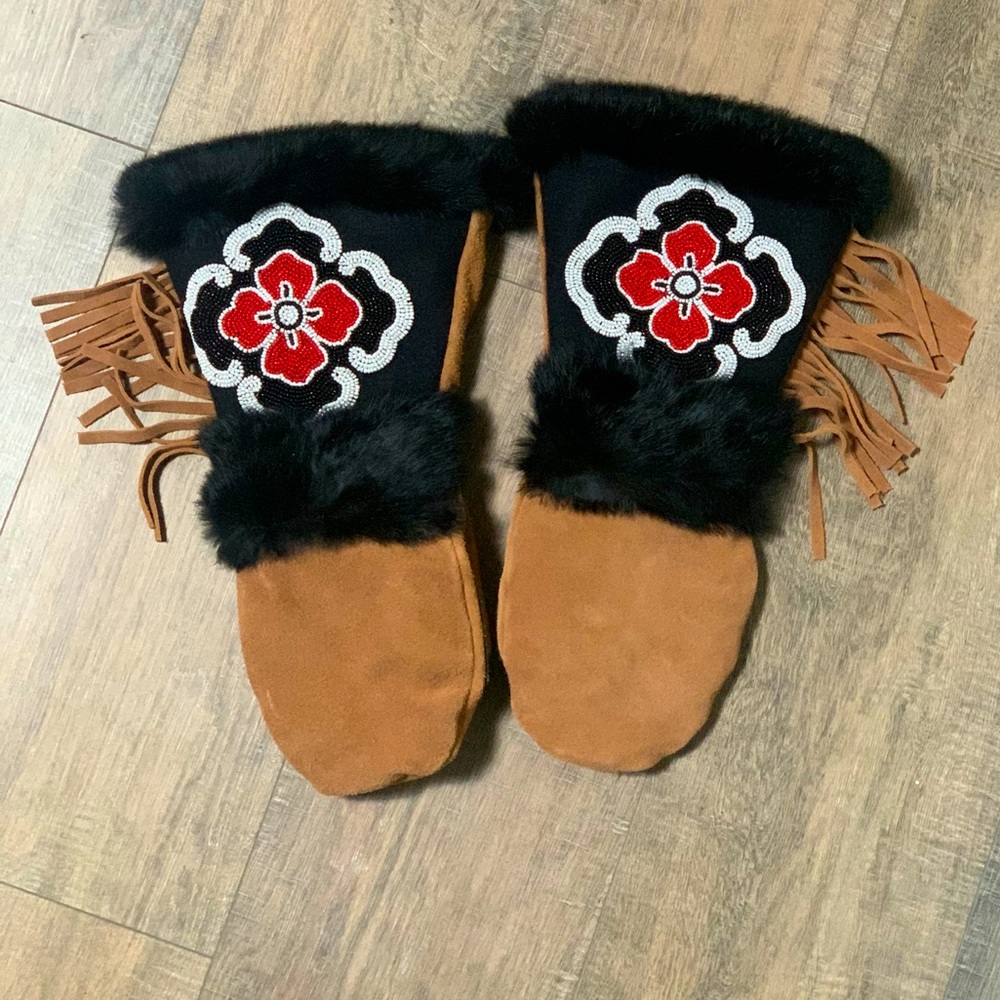 Sheepskin hand beaded mittens